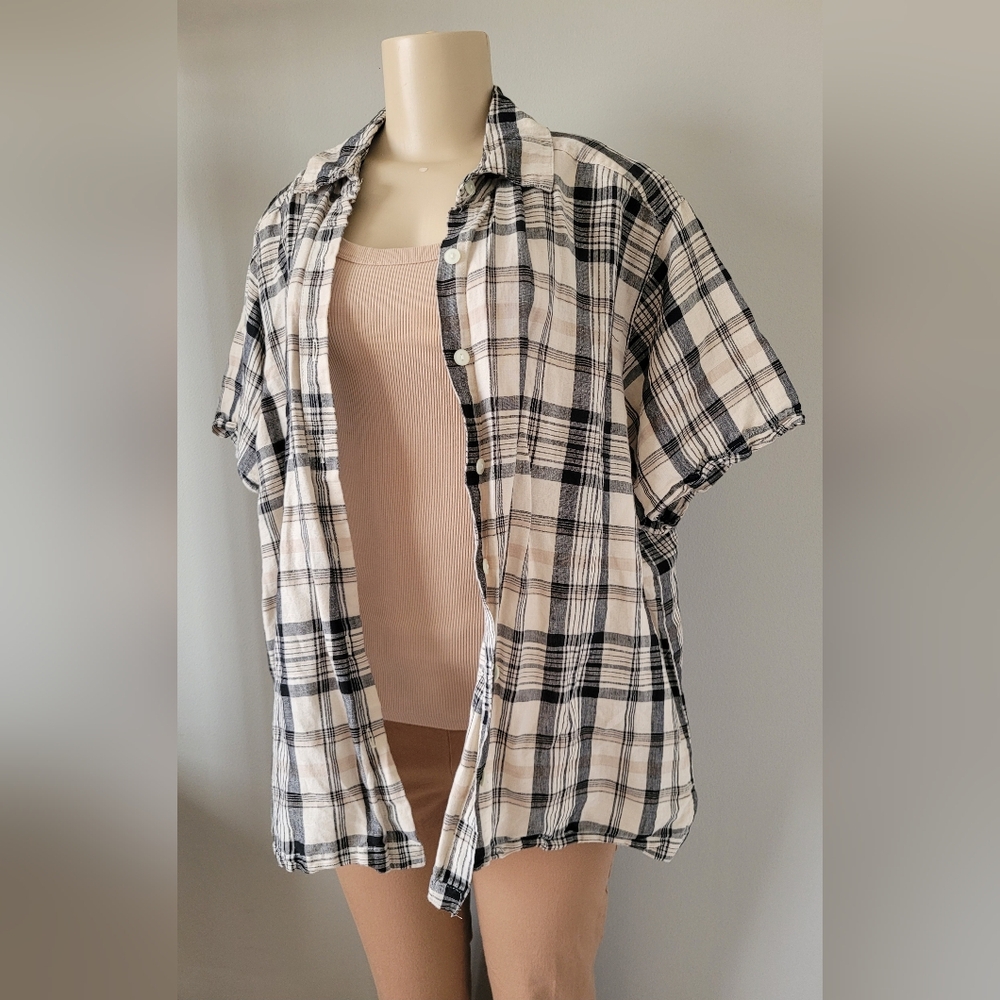 Jennifer Moore Women's Linen/Cotton Black/Cream Plaid Shirt XL